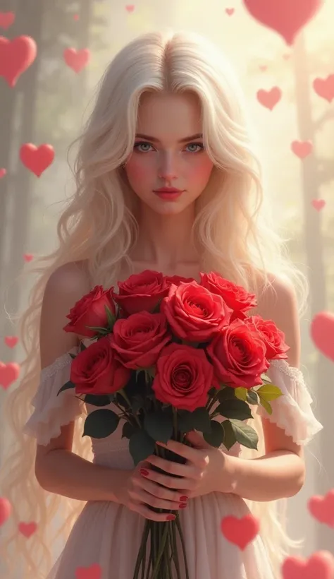 Young woman with long pale hair in her hands holding a bouquet of red roses and, in the background with hearts 