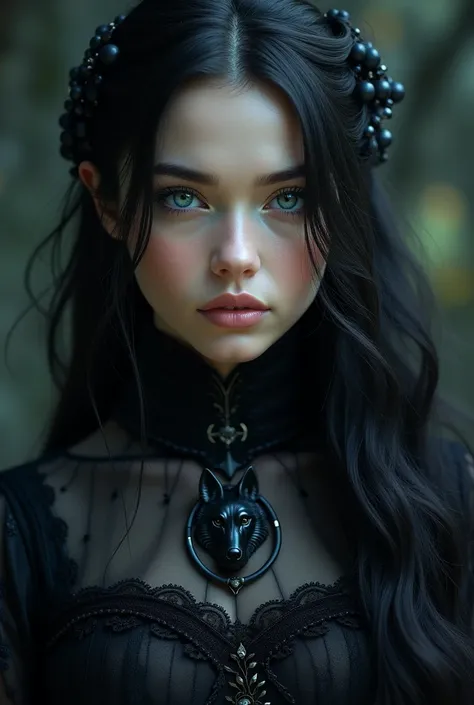 Beautiful 22 year old girl,  with long black hair, Striking indigo eyes , wearing a medieval black dress with a wolf emblem 