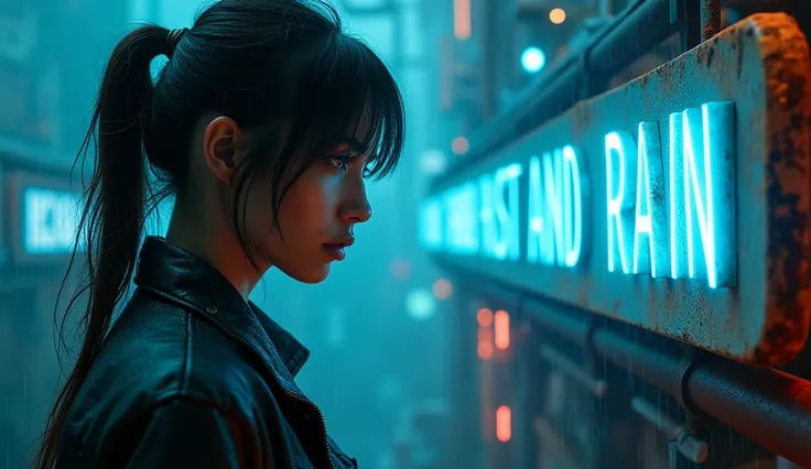 "A futuristic, melancholic scene with a sleek, dystopian cityscape in the background, illuminated by a soft, cold blue glow. In the foreground, a stunning woman with striking features gazes downward, her face partially lit by the neon reflections of fallin...