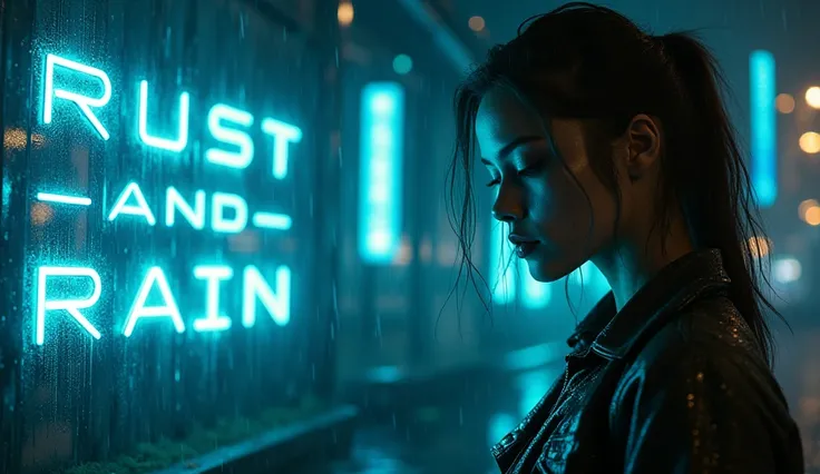 "A futuristic, melancholic scene with a sleek, dystopian cityscape in the background, illuminated by a soft, cold blue glow. In the foreground, a stunning woman with striking features gazes downward, her face partially lit by the neon reflections of fallin...