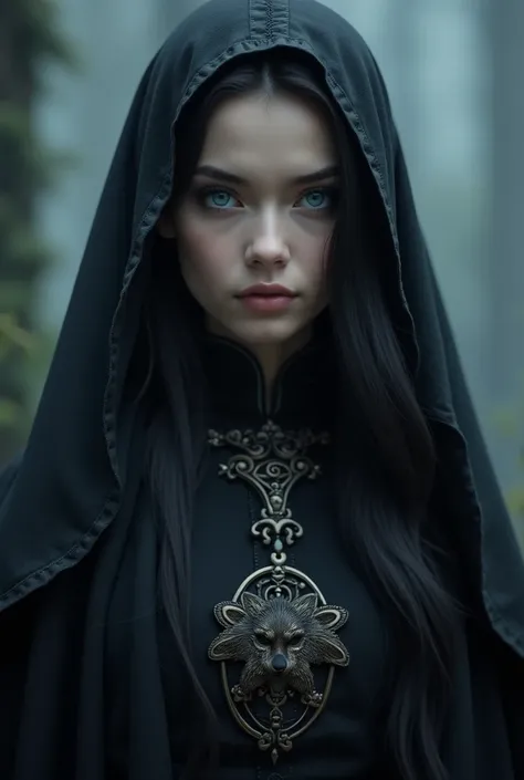 Beautiful 22 year old girl,  with long black hair, Striking indigo eyes , wearing a medieval black robe with a wolf emblem 