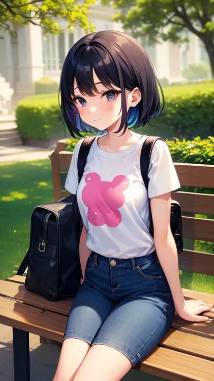 １ bashful girl　 elementary school students　 short　 sitting on a park bench 　Short Hand　 Small Hands　Small feet　 thin legs 　Short legs　Big face　Narrow shoulders　 　 black hair　 short hair 　 big eyed 　Shiny Eyes　Large T-shirt　light blue short jeans　 backpack　