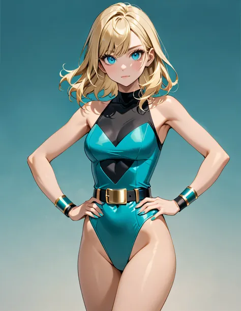 Beautiful and blond, teal blue eyes, sleeveless, teal blue leotard with black top, high-waisted gold belt, bare legs, matching wrist bands, hand on hip