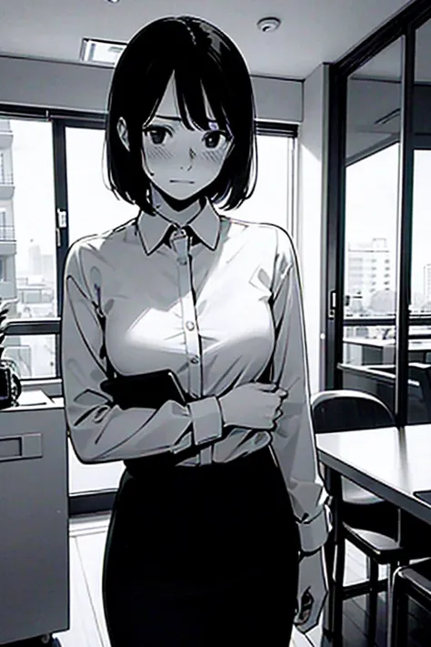 Line drawing, manga style, black and white, monochrome, clean smooth lines, masterpiece, one woman, white long sleeve business shirt, tight skirt, short hair, ((business shirt)), black hair, apartment interior, looking at camera with embarrassed expression...