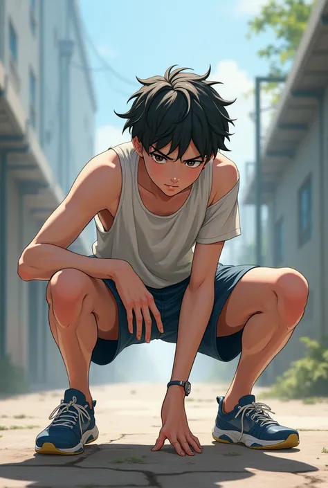  In shorts crouched open legs anime