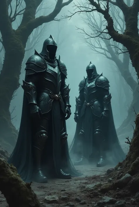 Two dark knights in a cursed forest in the dark fantasy theme 