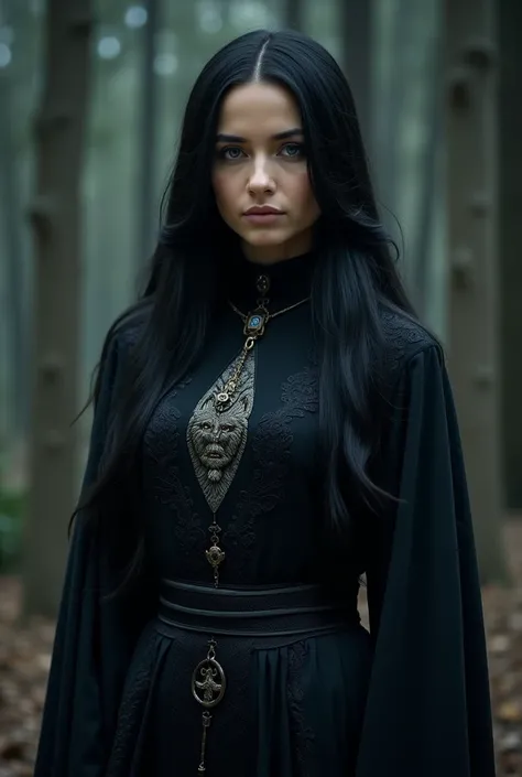 Beautiful 27 year old woman,  with long black hair, Striking indigo eyes , wearing a medieval black robe with a wolf emblem 