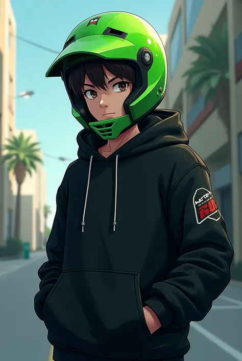 Wear green Motorcycle helmet anime wear black hoodie cool boy roblox