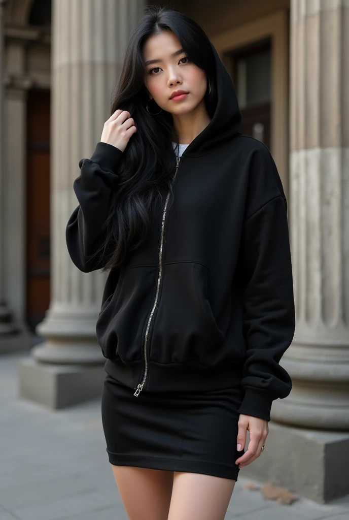 Promt 

"A young woman with long black hair standing in front of a classical old building with large pillars. She is wearing a black hoodie jacket, a black mini skirt, and a white T-shirt underneath. The woman holds her hair with her left hand, and her fac...