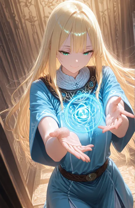 1 girl, dry. An illustration of a girl with long  blond hair  and aqua eyes. She is wearing a light Blue tunic. She generates blue magic,  her hair and clothes waving . dry,  blond hair ,  long hair,  Straight hair, Blue tunic,  smile, magic,  cinematic an...