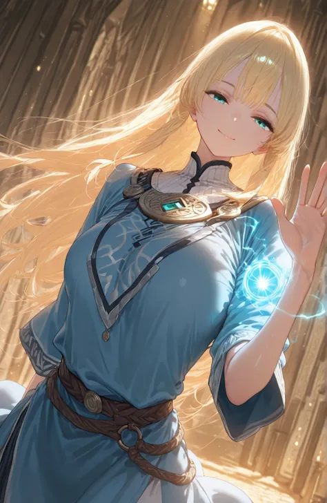 1 girl, dry. An illustration of a girl with long  blond hair  and aqua eyes. She is wearing a light Blue tunic. She generates blue magic,  her hair and clothes waving . dry,  blond hair ,  long hair,  Straight hair, Blue tunic,  smile, magic,  cinematic an...