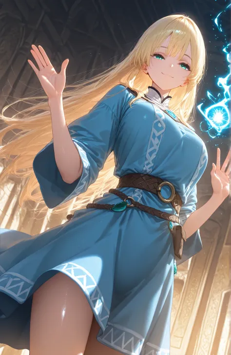 1 girl, dry. An illustration of a girl with long  blond hair  and aqua eyes. She is wearing a light Blue tunic. She generates blue magic,  her hair and clothes waving . dry,  blond hair ,  long hair,  Straight hair, Blue tunic,  smile, magic,  cinematic an...