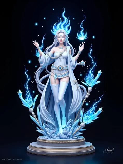  Surrealist style ,( depicting  (((Blue Fire)))  Element Statue Design :1.2), character design ，White Snake，Liu Ye , Edwin Austin Abby,
  BREAK Long Gray Hair , white eyes , White Clothes, Brow Fire ，
 Breaking the Smooth Metal Base ，(posture:1.4),（ starry...