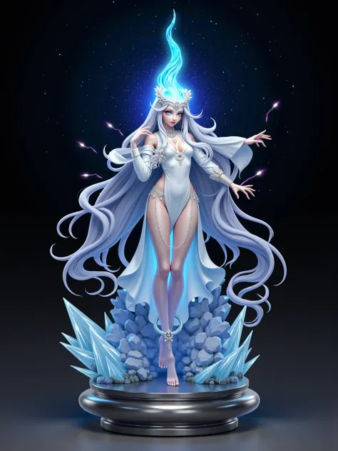  Surrealist style ,( depicting  (((Blue Fire)))  Element Statue Design :1.2), character design ，White Snake，Liu Ye , Edwin Austin Abby,
  BREAK Long Gray Hair , white eyes , White Clothes, Brow Fire ，
 Breaking the Smooth Metal Base ，(posture:1.4),（ starry...