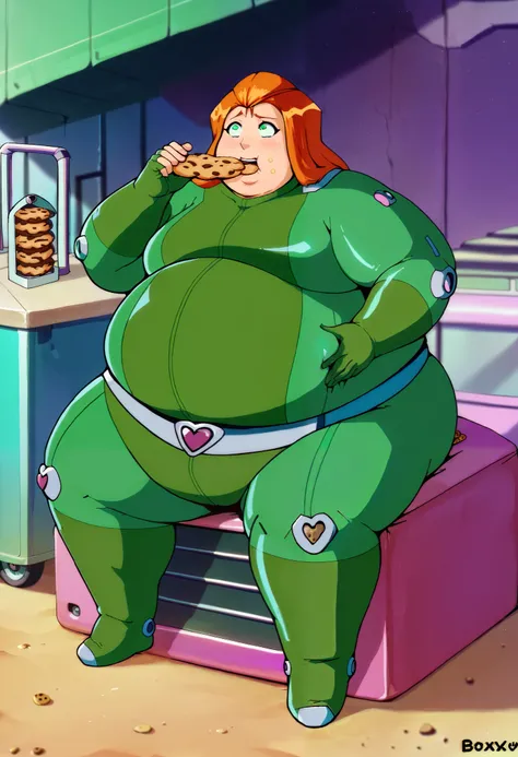 score_9, score_8_up, score_7_up, score_6_up, score_5_up, score_4_up, BREAK source_anime, 1girl, sam \(totally spies\), orange hair, long hair, green eyes, green bodysuit, belt, fall, passion cookies, boxs of cookies, eating cookies, cookie crumbles, fat, c...