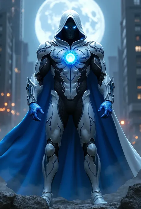 Moon Knight in a white suit and with black armor with blue touches, blue gloves, And blue cape 