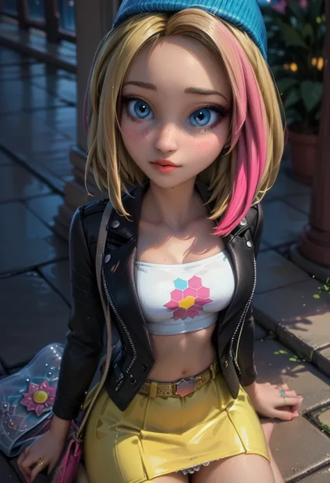 score_9, score_8_up, score_7_up, 1girl, solo, beautiful waifu, thicc, (imtdzoelee, blonde hair, pink hair, multicolored hair, blue eyes, leather jacket, black jacket, hat, white crop top, tube top , two-tone hair, bag, yellow skirt, short skirt, tight skir...