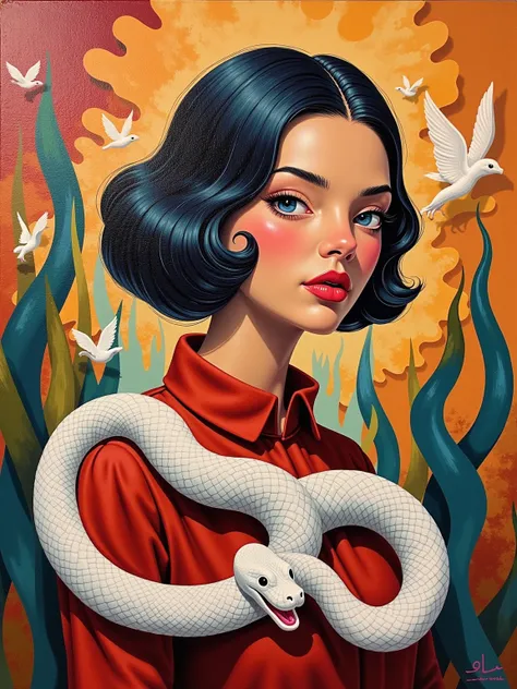  The background presents an abstract life ， to present ， The overall composition cleverly blends abstract ， in a thick paint style 、young、 depicting an elegant ，A white snake ， creates a touch of sweeping ，Transports the viewer into her world，The artist us...