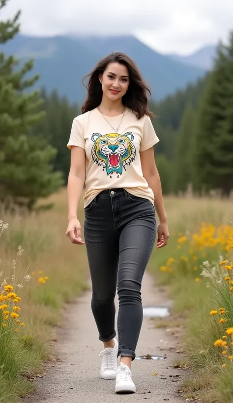 Full-length photo of a very beautiful mift woman walking . She is wearing a cream t shirt with the "KENZO" TIGER logo in Colorful on the front, dark grey pencil jeans street, and stylish running shoes are clearly visible. She is dark brownies long hair  st...