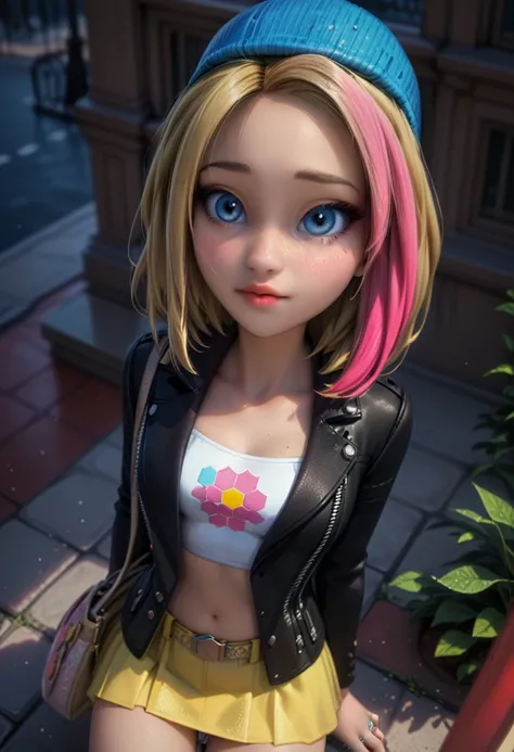 score_9, score_8_up, score_7_up, 1girl, solo, beautiful waifu, thicc, (imtdzoelee, blonde hair, pink hair, multicolored hair, blue eyes, leather jacket, black jacket, hat, white crop top, tube top , two-tone hair, bag, yellow skirt, short skirt, tight skir...