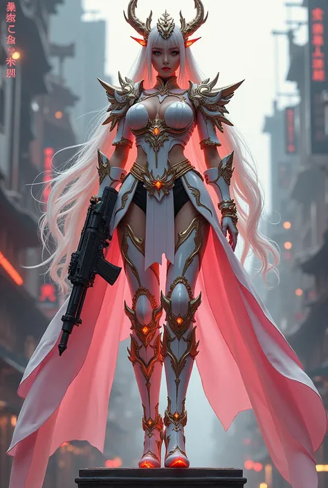 Chinese and Japanese female warriors ผสมกับร่างกายสีขาวและใส,  long hair in cyberpunk style, wearing white and gold and pink armor, thick and heavy armor with luminous patterns., Crowns and jewels ,  Heavy machine gun wearing high-heeled shoes with glowing...