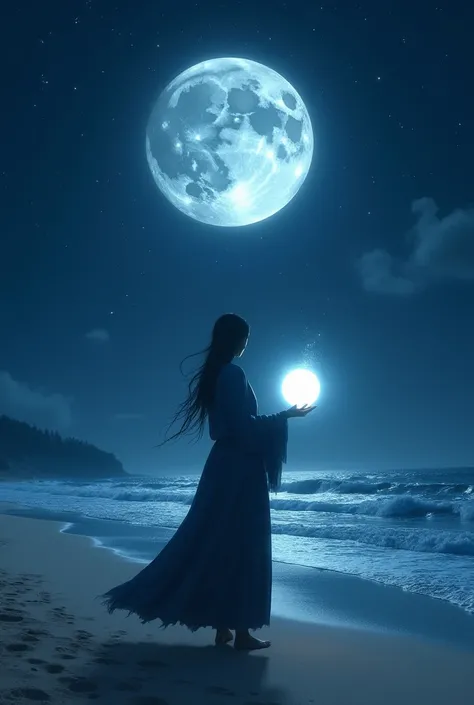 Make a thumbnail for YouTube video in which a  has a moon on hin hand and standing on the beach side at night 