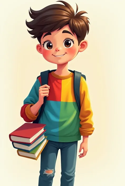 Draw a picture of a  with a backpack on his back and holding books in his hands. This 's shirt must be in the colors red, green, blue and yellow