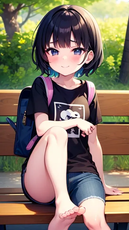 １ bashful girl　 elementary school students　 short　 sitting on a park bench 　Short Hand　 Small Hands　Small feet　 thin legs 　Short legs　Big face　Narrow shoulders　 　 black hair　 short hair 　 big eyed 　Shiny Eyes　Very large t-shirt　light blue short jeans　 back...