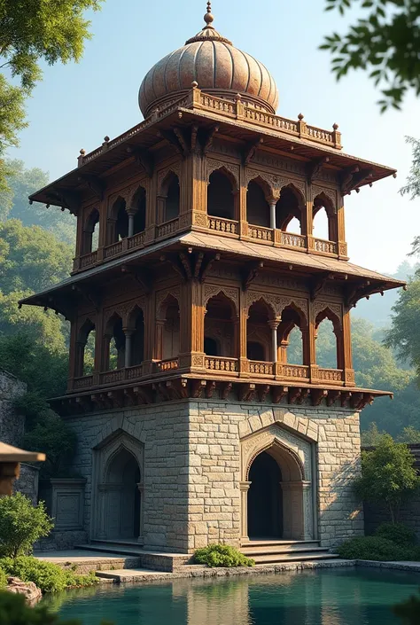 A house that's base is made of stone,all the column and wall made of wood, have roof and architecture style will be in mughal style