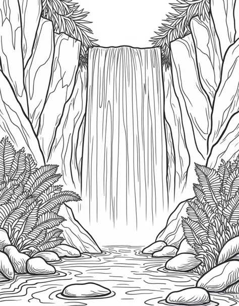 A black and white big and bold outline illustration of a close-up view of a flowing waterfall surrounded by bold rocks and large ferns, with water splashing into a calm pool below. LINE ART, coloring page, no shades, big and bold, no empty space, full page...