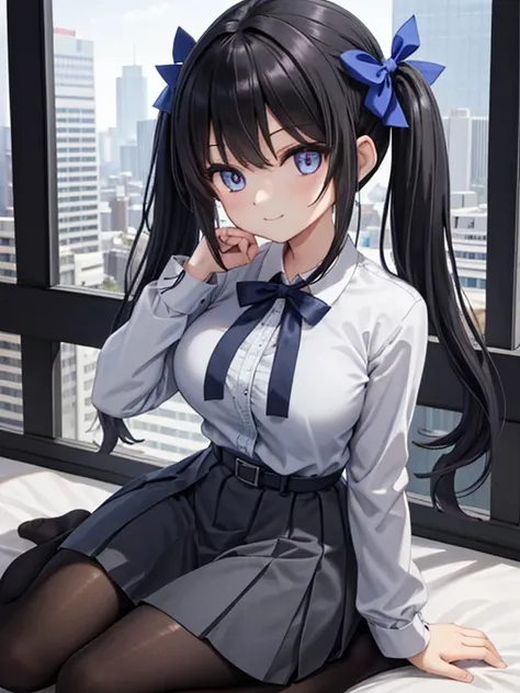 Takiuchikami,  Check it out ,  long hair,((( low twin tails with a bow))), bangs,   black hair, (紫色の目:1.2), break  shirt,   long sleeve ,  dress , ribbon,  school uniform ,  white t-shirts,  collar shirt, belt, Neck ribbon, Blue  dress , グリーンribbon, Pleate...