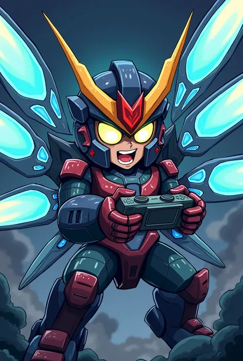  Cartoon Character Playing Video Games on Screen, Furuyoshi Mon, become,  Robot Dragonfly ,   Super Legend  ,  Male Humorous Monster Hardman , become mobile suit, The strongest pose , heavy line draft, sharp  Robot Dragonfly , become evangelion, 4 arms, Ma...