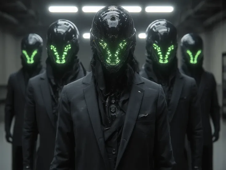 [A line of faceless figures in suits, their heads replaced by sleek black masks with glowing green eyes and circuit patterns, standing in a somber, unified posture, conveying a sense of chilling anonymity and technological control], [Inspired by Syd Mead's...