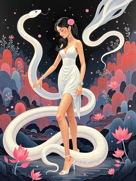  The background presents an abstract life ， to present ， The overall composition cleverly blends abstract ， in a thick paint style 、young、 depicting an elegant ，A white snake ， creates a touch of sweeping ，Transports the viewer into her world，The artist us...