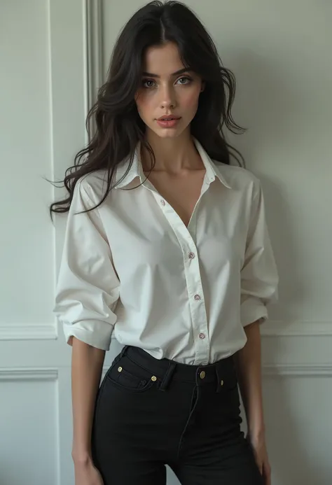 A woman in a whit shirt and black tights 