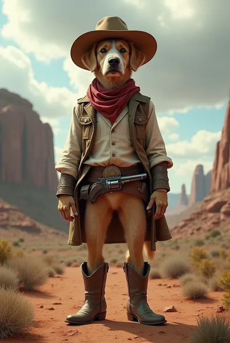  Create a dog on two legs, Put on cowboy boots, chapeu de cowboy e um cinto de cowboy com um revolver, Create a Western-style setting, Create in full HD 8k and create as close to reality as possible