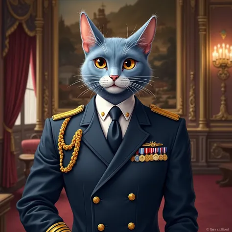 draw a male anthropomorphic bicolor blue cat with brown eyes.He is an admiral and wears a naval uniform with tie and jacket and the chest full of medals do it full body image in the lobby of the officers' casino decorated with naval insignia, ships and his...