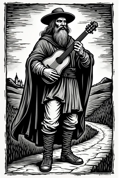 Create a troubadour,  in woodcut style, in black and white colors.