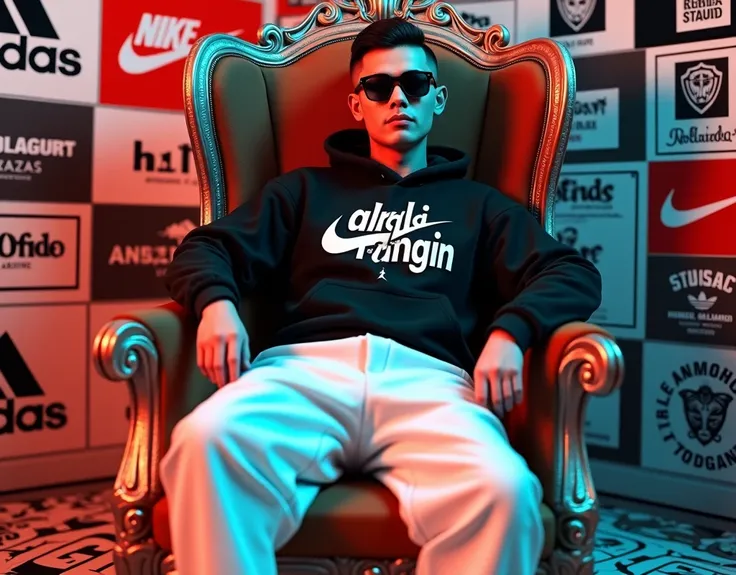 4D realistic photo, 20 year old male idol, undercut hair, wearing sunglasses, wearing a black Nike hoodie that says "APRIADI WARANGIN", wearing white pants, Jordan shoes, lying on a king's chair, Adidas logo background, the north face, stone island, rollin...