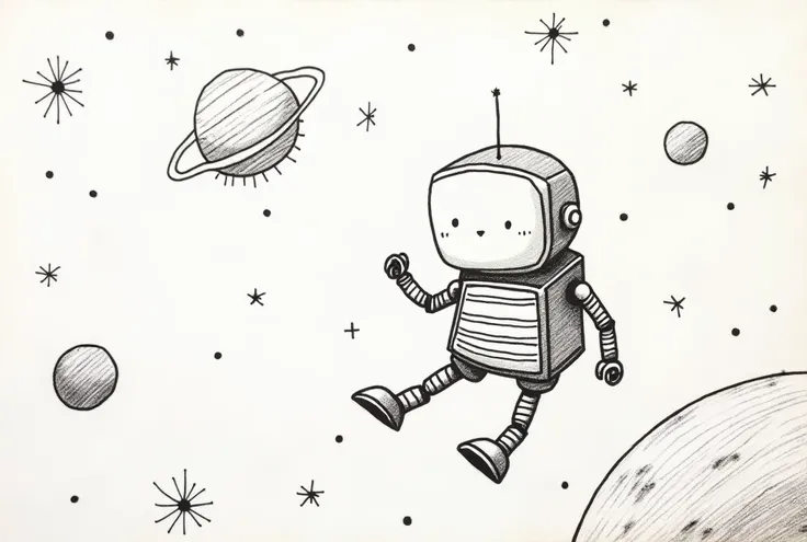 (((Picture drawn with a felt-tip pen ))),  a crappy picture that Henri Rousseau drew with a felt-tip pen。An impressive picture that is bad and good 。A cartoon-like robot 、Floating in space。The background is white outer space and planets 。 Extremely simple ...