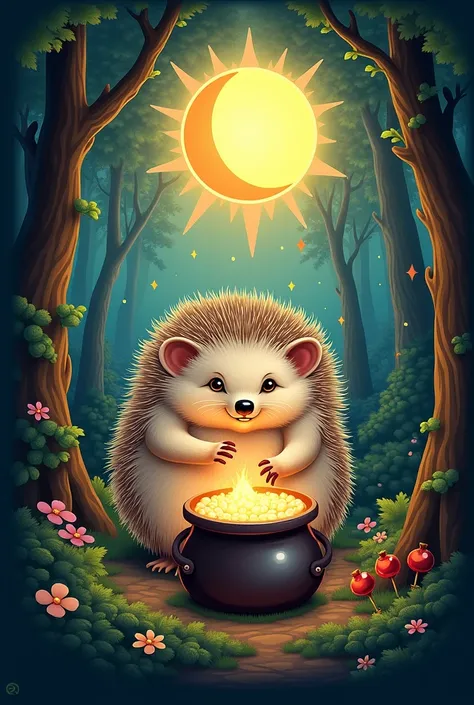 Make me a logo for a cream hedgehog .  The logo should show a mixture between sun and moon? In a forest and a cauldron and a magician should be seen