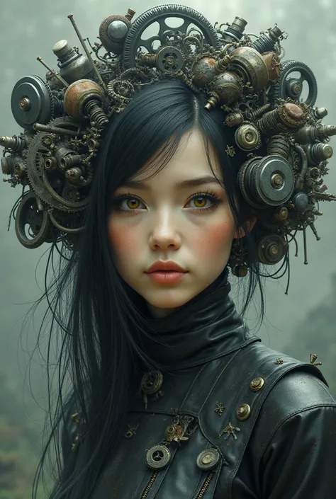 An art piece of a woman with hair of emgine car parts 