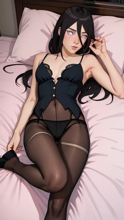  masterpiece, absurdities, Hanabi\(boruto\), 1 ,  alone,adult female, Small transparent panties , Breasts are bare ultra details on the breasts, lying on the bed,  perfect composition,  detailed lips, [chest,  beautiful face,  body ratio , Blush, ( pink li...