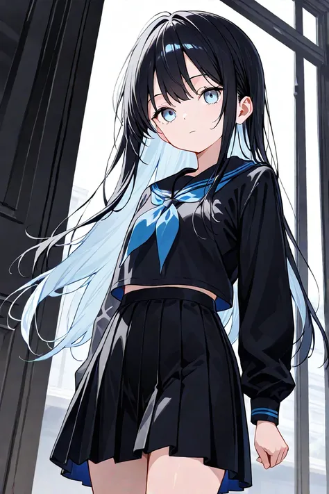  black hair、Young、 expressionless 、 black uniform、 light blue eyes、 skirt 、cool、 hair is long、 girl 