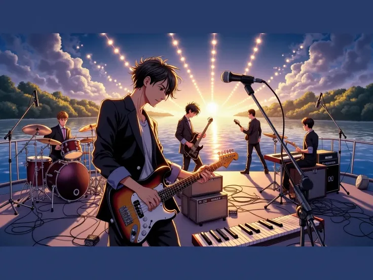   anime style、Ultra-fine,    high detail,    Masterpiece,  A Japanese male band in his late 30s or so playing、The member composition is 、1 vocalist、 1 electric guitar 、 1 electric bass 、 1 drums 、 1 keyboard member 、 5 person composition 、 vocals have only...