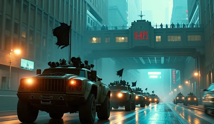 vA rear tracking shot follows the massive **rebel convoy**, showcasing the **backs of hundreds of rugged vehicles** driving steadily toward the fortified **H.A.P.S. prison gate.** The convoy’s **gray-and-orange aesthetic** is unified but scrappy, with each...