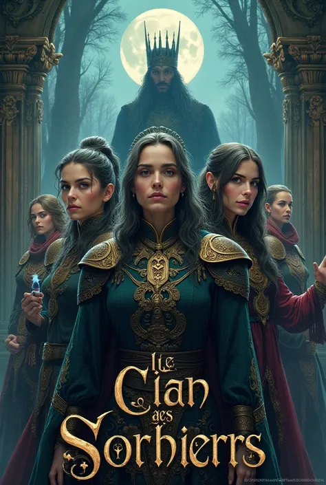 The cover of a book with the 4 witches, The clan and the king, The Island of Eilhiagor Volume 1 The Witches' Clan is the title written in French on the cover 