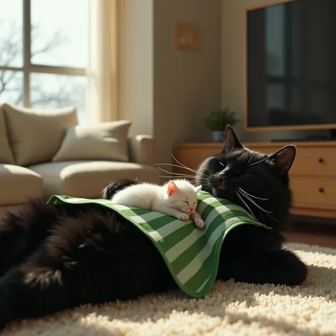 ultra-realistic, photorealistic, dramatic scene, shadow, global-illumination, the human-like giant black cat\(wearing a vertical striped green apron, black cat\), the human-like black cat is lying on its back on the carpet in the room, a cute white kitten ...