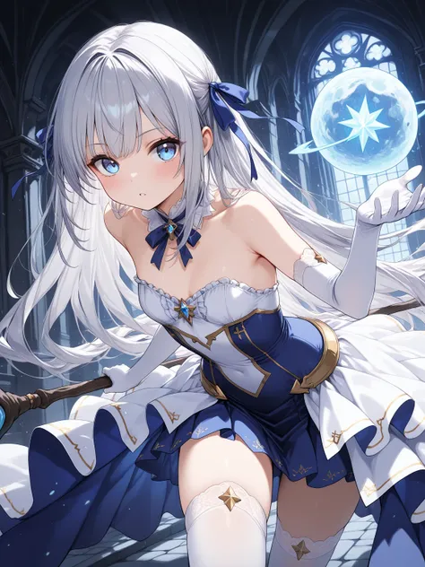 (masterpiece, best quality, extremely detailed), 
1girl, silver hair, very long hair, blue eyes, petite, witch, strapless dress, blue skirt, elbow gloves, white showgirl skirt, frills, hair ribbon, thighhighs,, dynamic pose, cinematic angle,