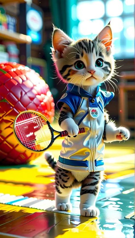 ((8k)), highest quality, 超High resolution, (High resolution), A kitten is wearing badminton wear, Playing badminton, Indoor gymnasium, Loud cheers from the audience